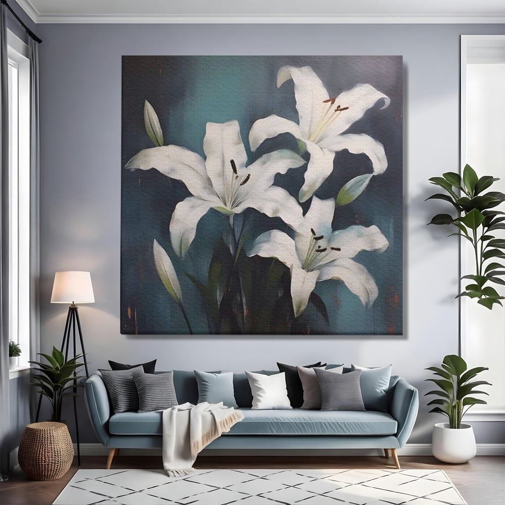 Tablou canvas cu pictura patrata cu crini albi, fara rama, pe sasiu de lemn, pe perete intr-un living